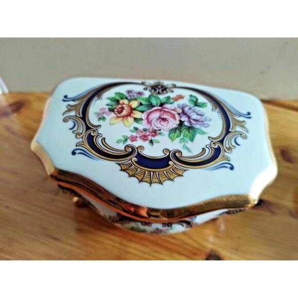 Imperial Limoges Floral Trinket Box Gold Gilded - Made in France 5 1/2" x 3 1/2" - Picture 1 of 15